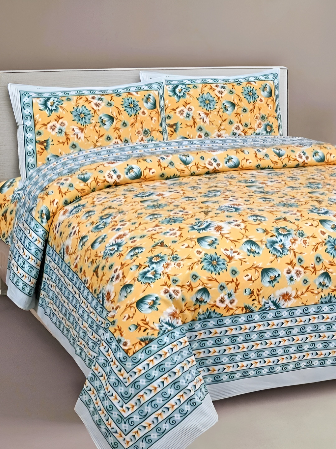 

Sohibe Yellow & White Floral Cotton 300 TC King Bedsheet with 1 Pillow Covers