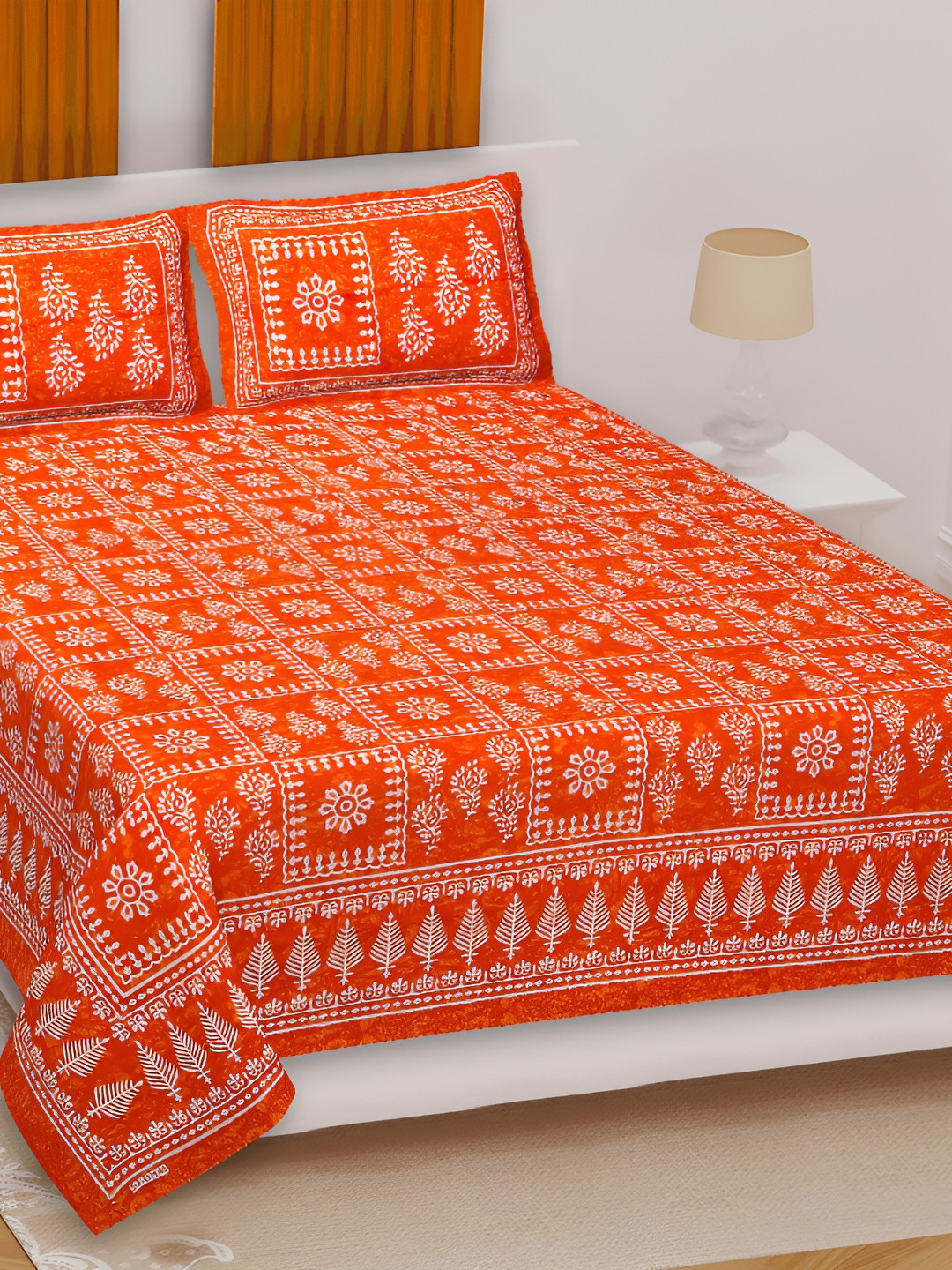 

Sohibe Orange & White Printed 144 TC Cotton King Bedsheet with 1 Pillow Covers