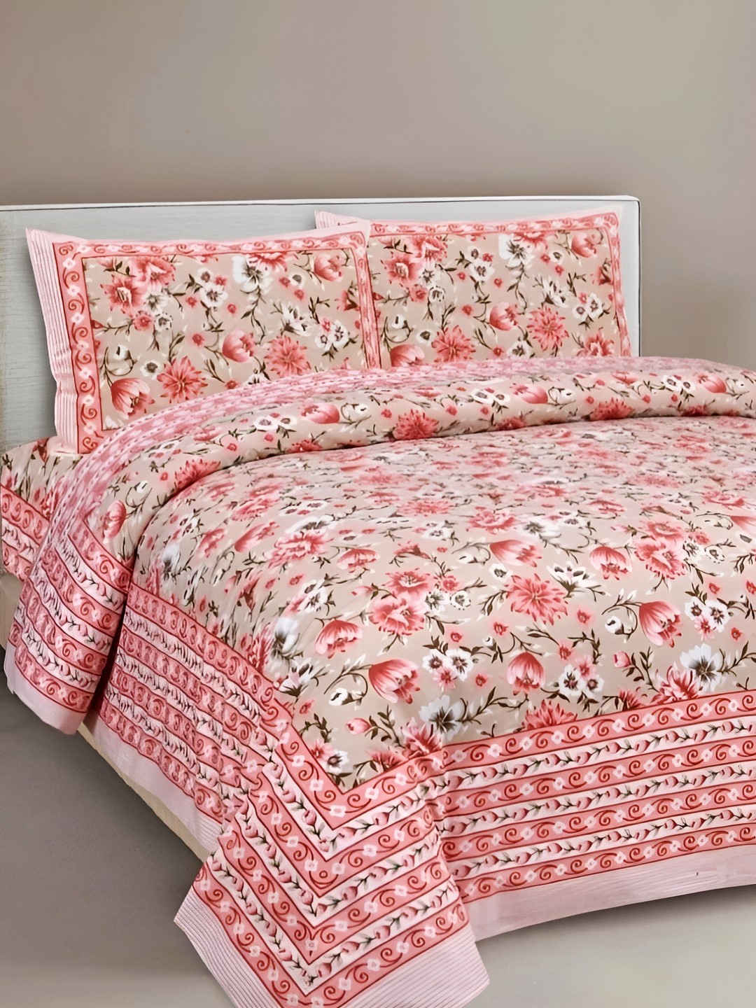

Sohibe White & Pink Floral Cotton 300 TC King Bedsheet with 1 Pillow Covers