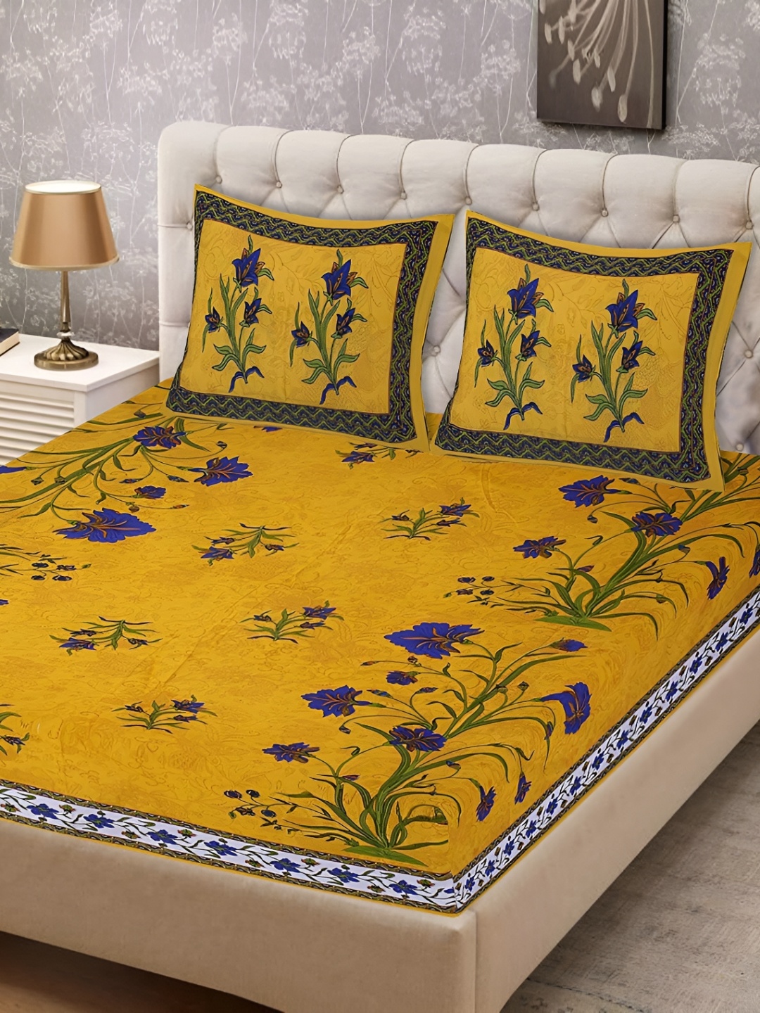 

Sohibe Blue & Yellow Floral Printed 300 TC Cotton King Bedsheet with 1 Pillow Covers