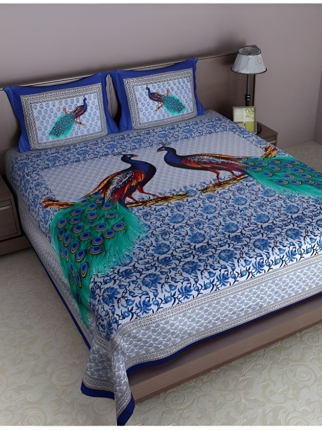 

Sohibe White & Blue Floral Cotton 144 TC 2 King Bedsheet with 2 Pillow Covers