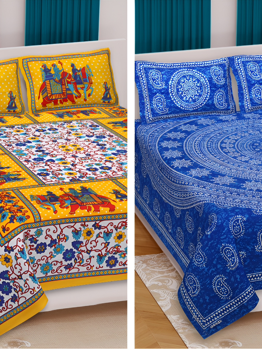 

Sohibe Blue & Yellow Printed 300 TC Cotton 2 King Bedsheet with 1 Pillow Cover