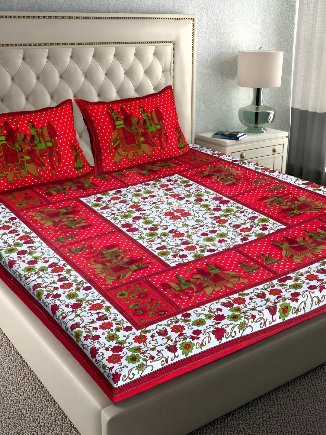 

Sohibe Red & White Floral Cotton 210 TC King Bedsheet with 1 Pillow Covers