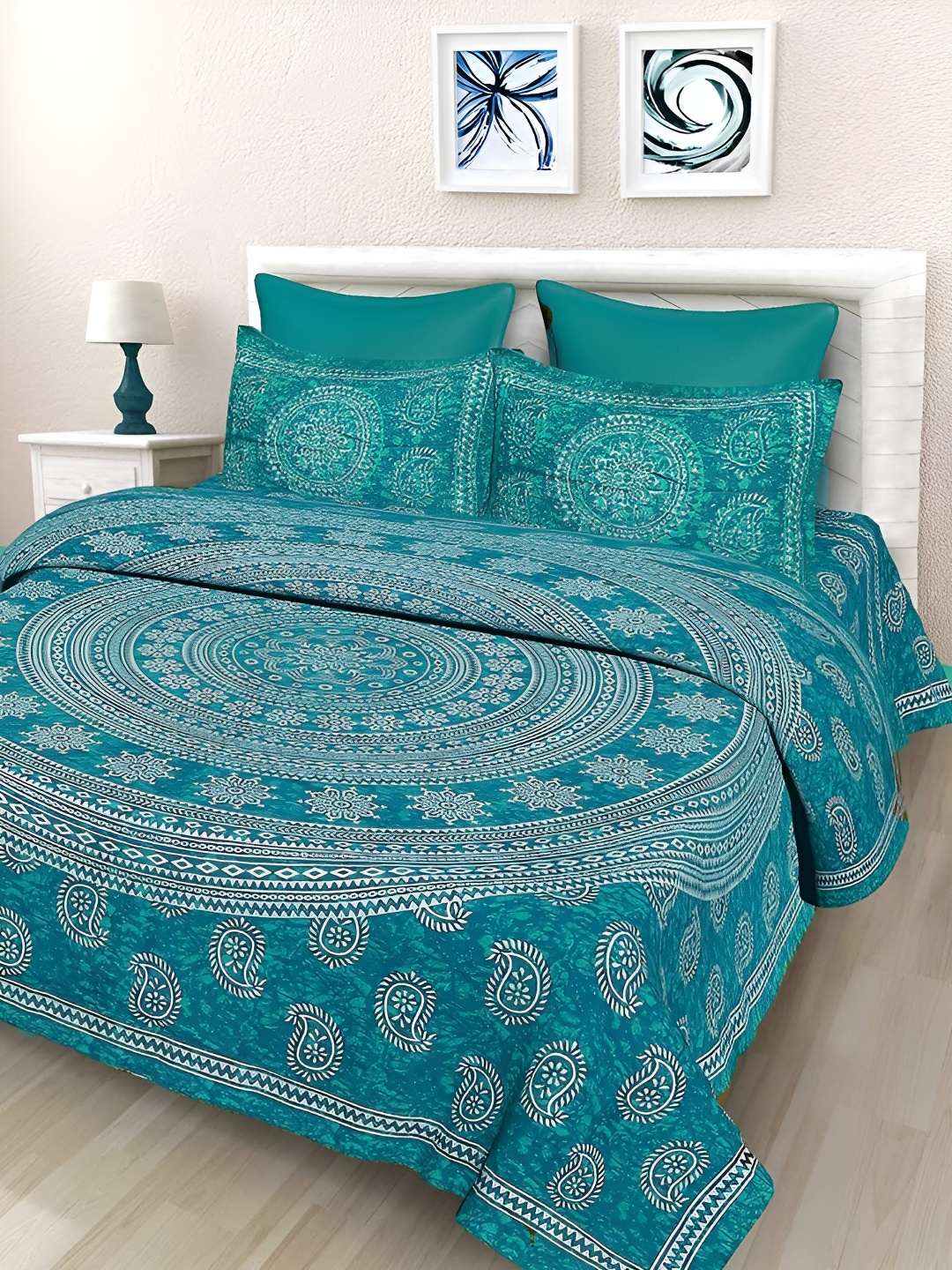 

Sohibe Teal Ethnic Motifs Cotton 300 TC King Bedsheet with 1 Pillow Covers