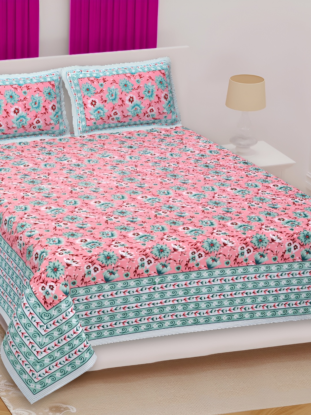 

Sohibe Pink Printed 330 TC Cotton Queen Bedsheet with 1 Pillow Cover