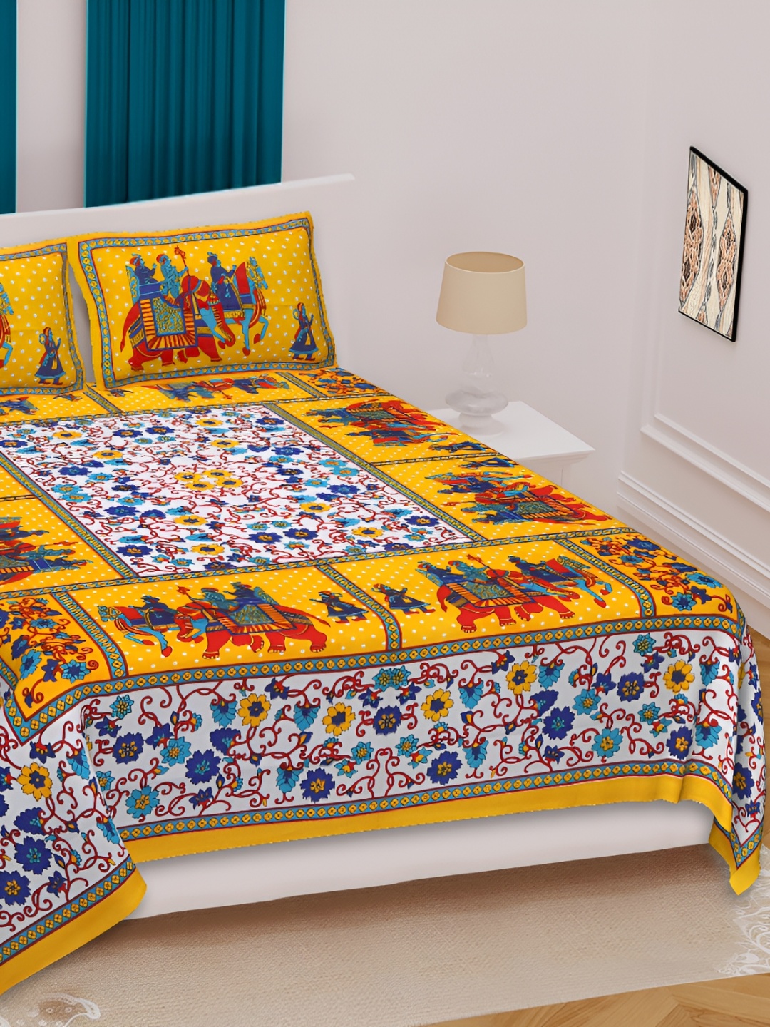 

Sohibe Yellow Printed 144 TC Cotton King Bedsheet with 1 Pillow Cover