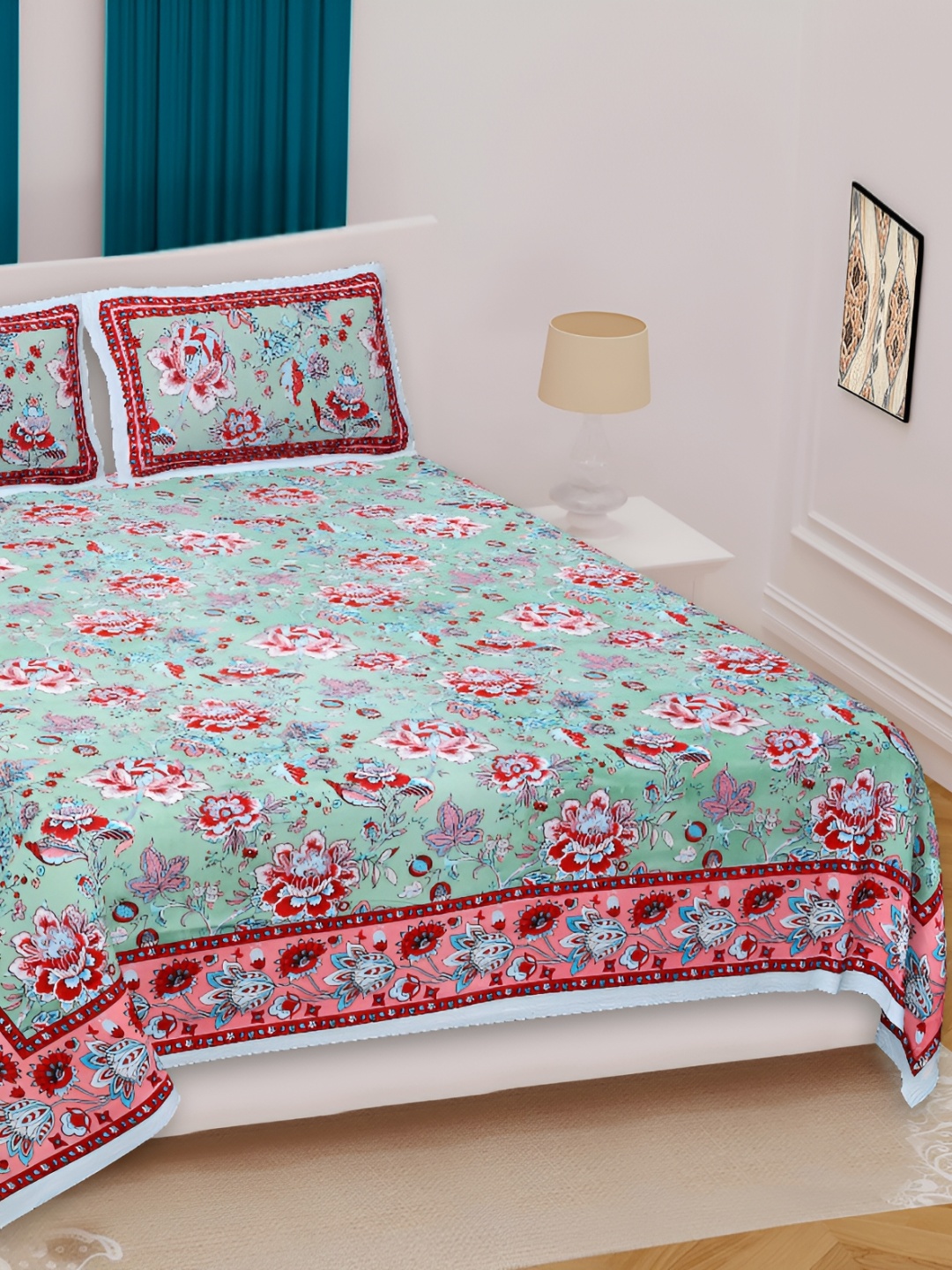 

Sohibe Green & Red Floral Printed 300 TC Cotton King Bedsheet with 1 Pillow Covers