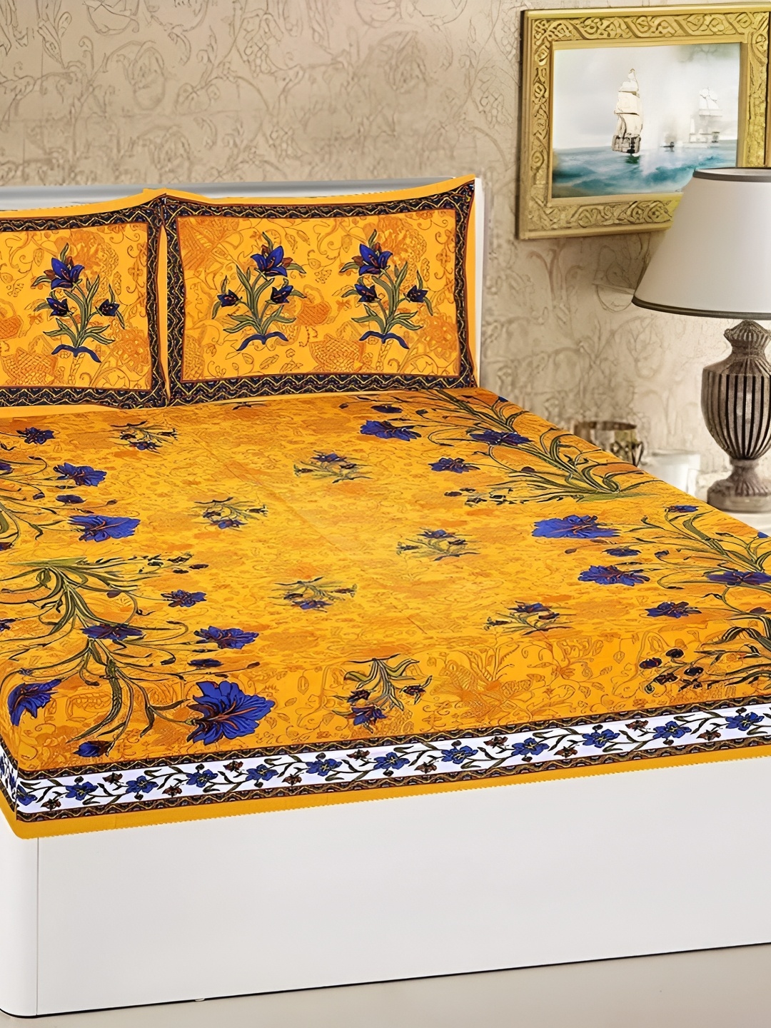 

Sohibe Yellow Floral Cotton 210 TC King Bedsheet with 1 Pillow Covers
