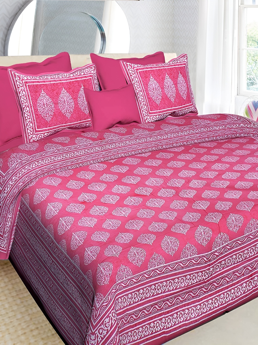 

Sohibe White & Pink Ethnic Motifs Cotton 120 TC King Bedsheet with 2 Pillow Covers