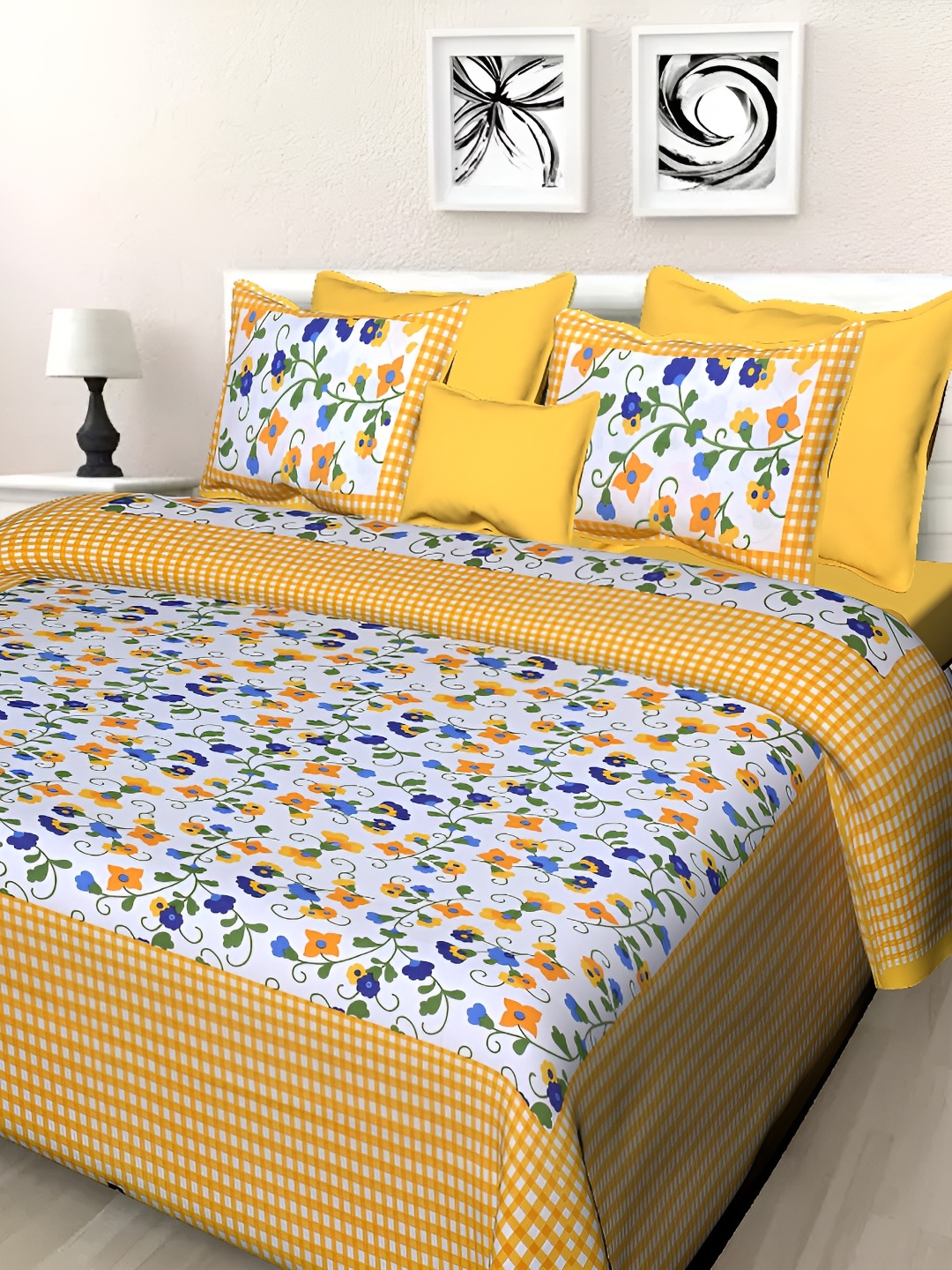 

Sohibe Yellow & White Floral Cotton 210 TC King Bedsheet with 1 Pillow Covers