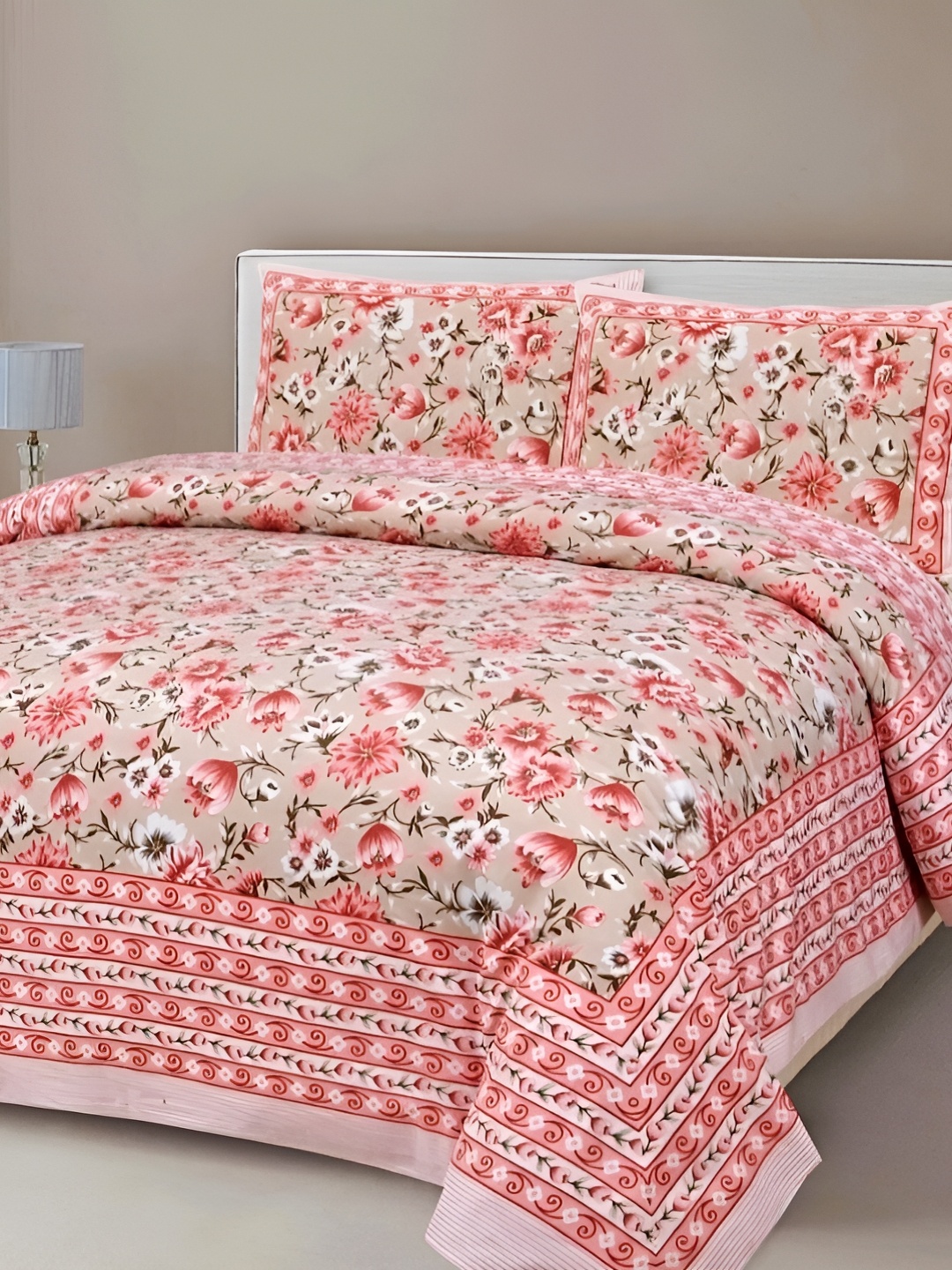 

Sohibe Orange & White Printed 300 TC Cotton King Bedsheet with 1 Pillow Cover