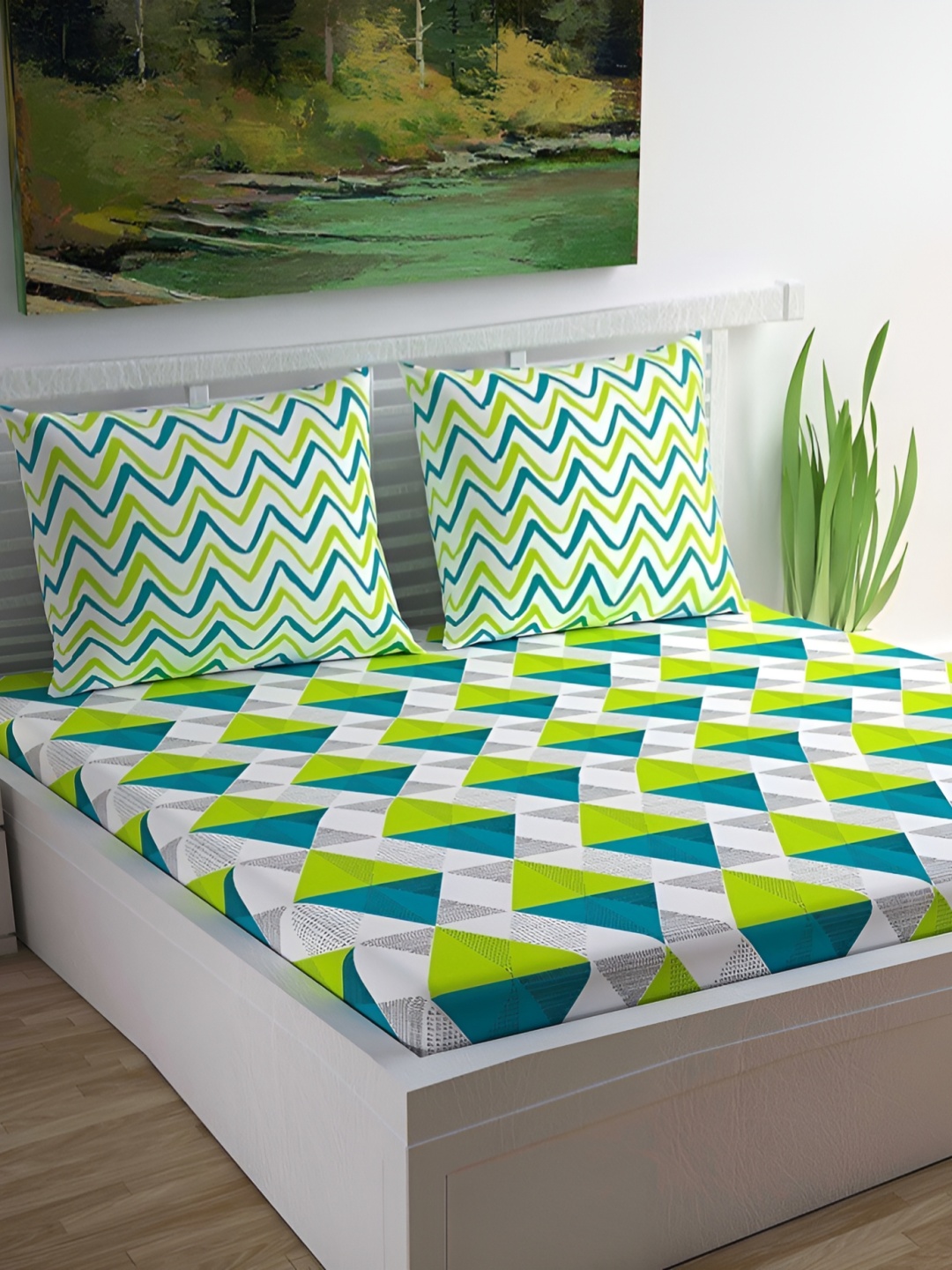 

Sohibe White & Green Geometric Cotton 300 TC King Bedsheet with 1 Pillow Covers