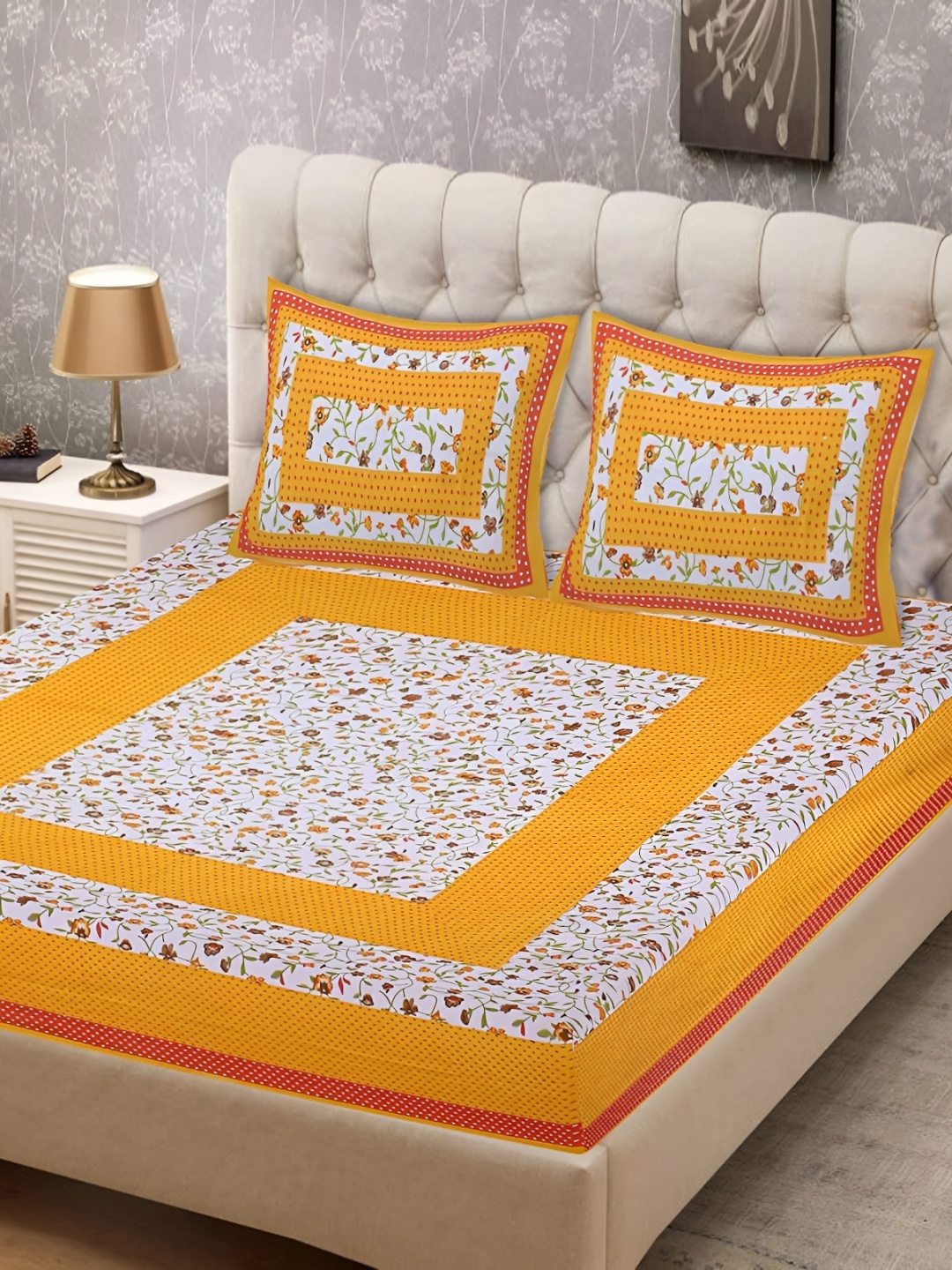 

Sohibe Yellow & White Floral Cotton 144 TC 2 King 2 Bedsheet with 2 Pillow Covers