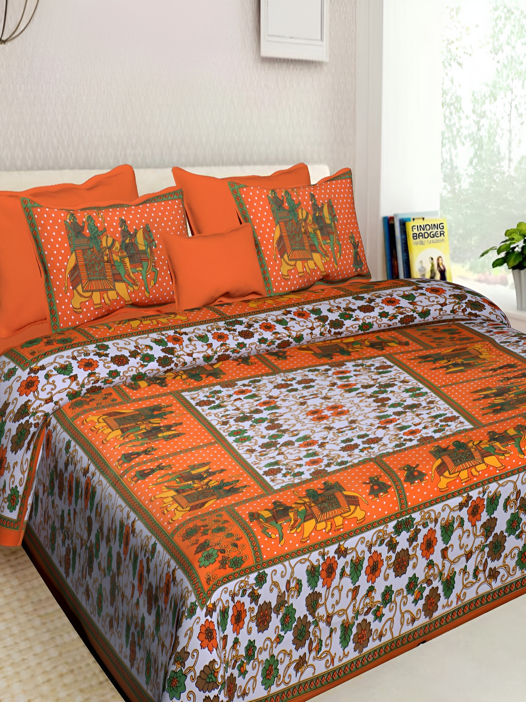 

Sohibe Orange & White Floral Cotton 120 TC King Bedsheet with 2 Pillow Covers