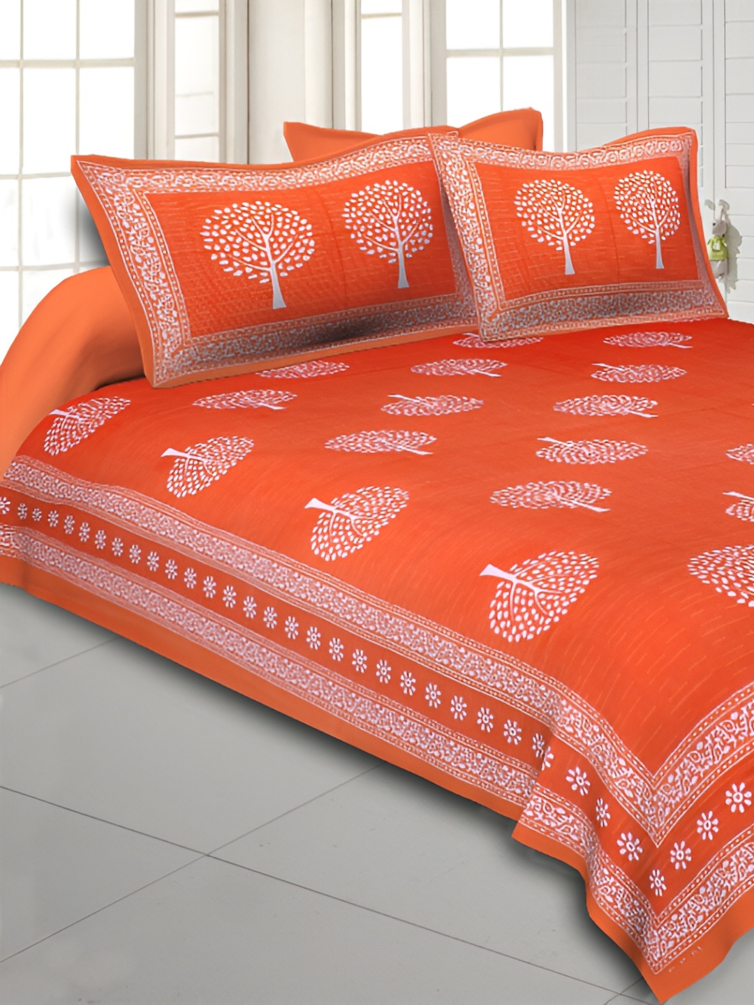 

Sohibe Orange & White Ethnic Motifs Cotton 144 TC 2 King Bedsheet with 2 Pillow Covers