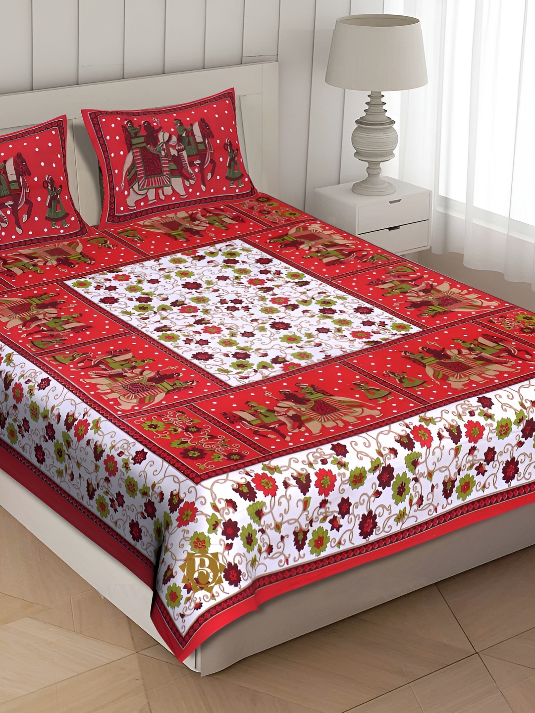 

Sohibe White & Red Ethnic Motifs Cotton 144 TC 2 King 2 Bedsheet with 2 Pillow Covers