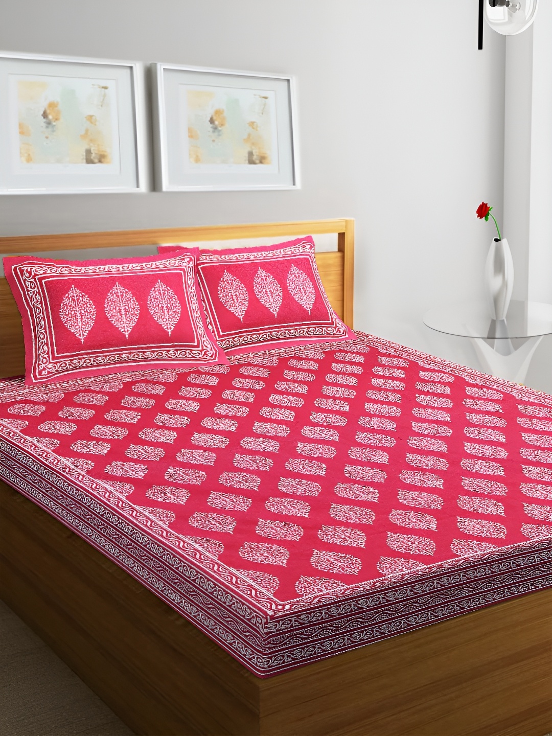 

Sohibe White & Pink Ethnic Motifs Cotton144 TC King Bedsheet with 2 Pillow Covers