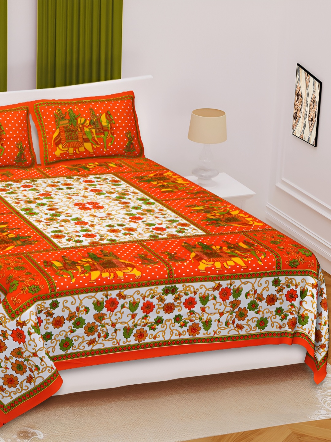 

Sohibe Orange & White Ethnic Motifs Cotton 160 TC King Bedsheet with 1 Pillow Covers