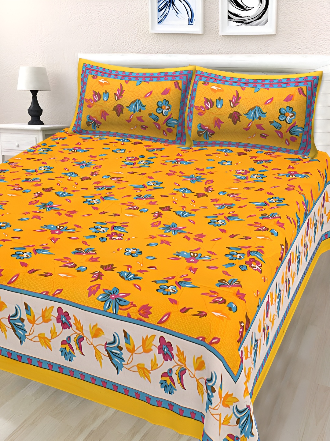 

Sohibe Yellow & Blue Floral Printed Cotton 210 TC King Bedsheet With 2 Pillow Covers