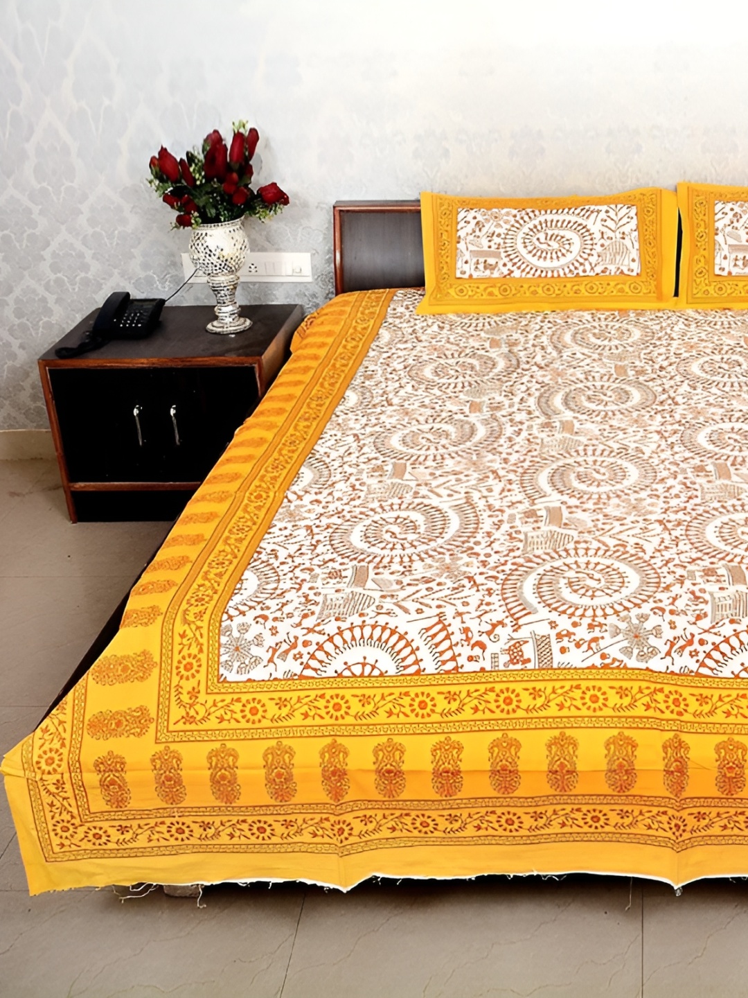 

Sohibe White & Yellow Warli Printed Cotton 104 TC King Bedsheet With 1 Pillow Cover