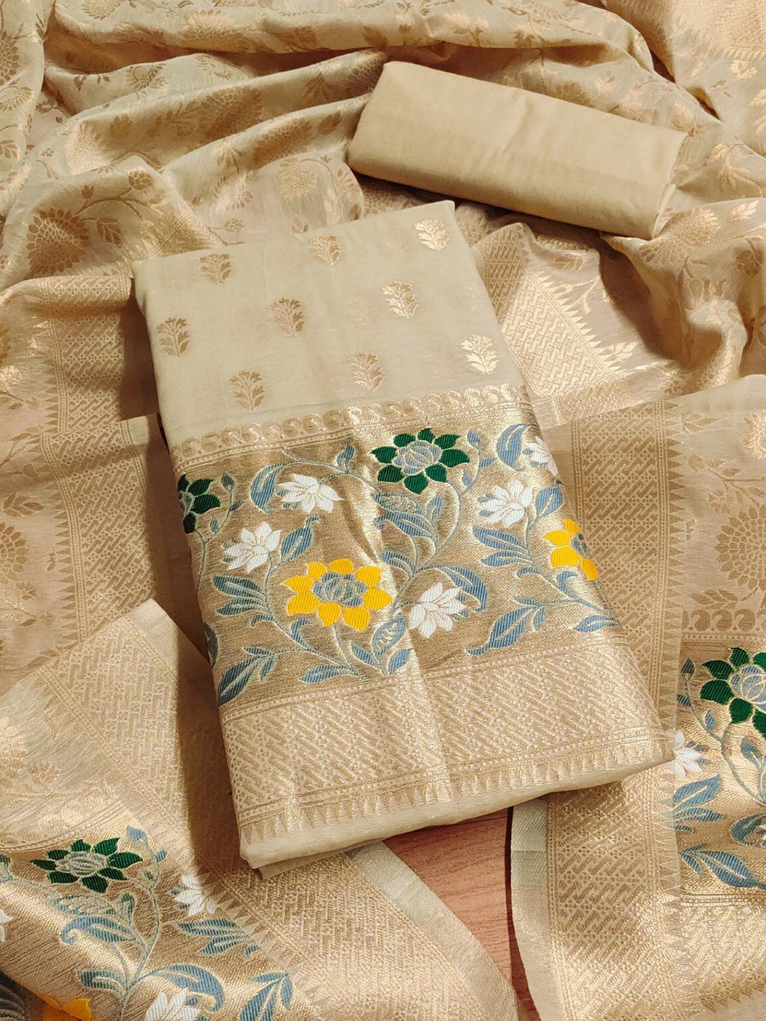 

Panzora Ethnic Motifs Woven Design Unstitched Dress Material, Beige