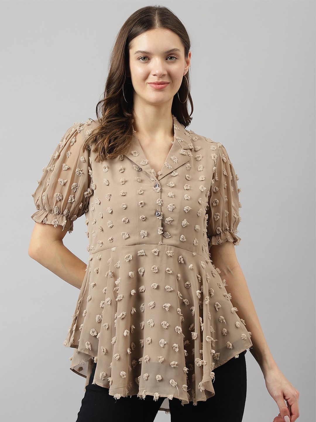

KALINI Self Design Puff Sleeves Dobby Georgette High Low Top, Beige