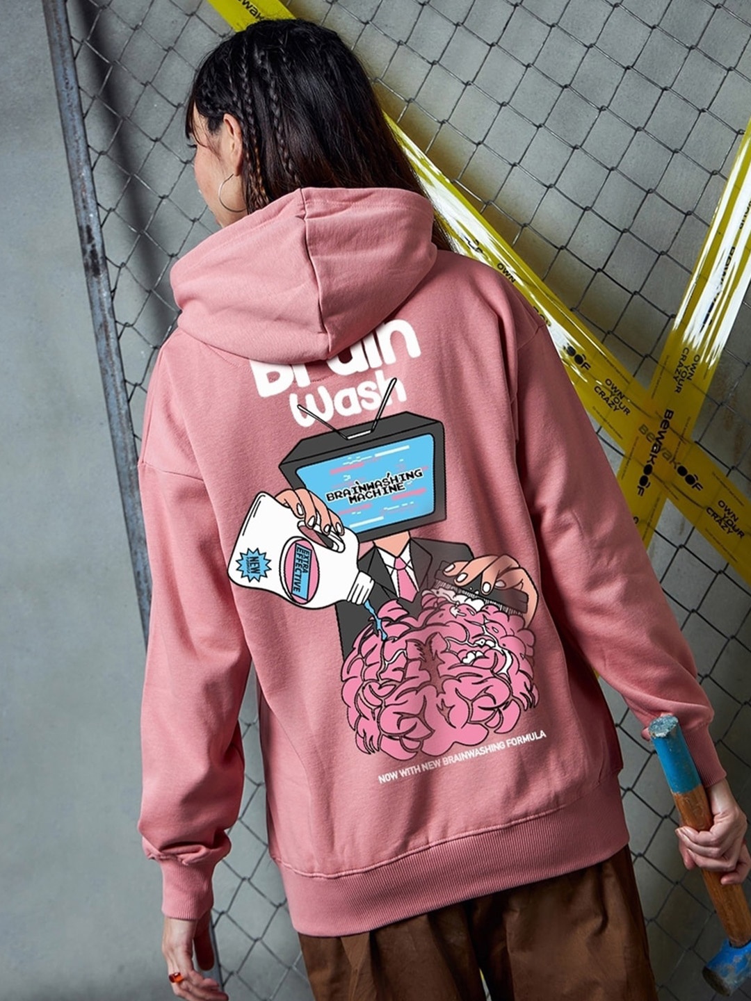 

Bewakoof Heavy Duty 1.0 Women Brain Wash Graphic Printed Oversized Hoodies, Pink
