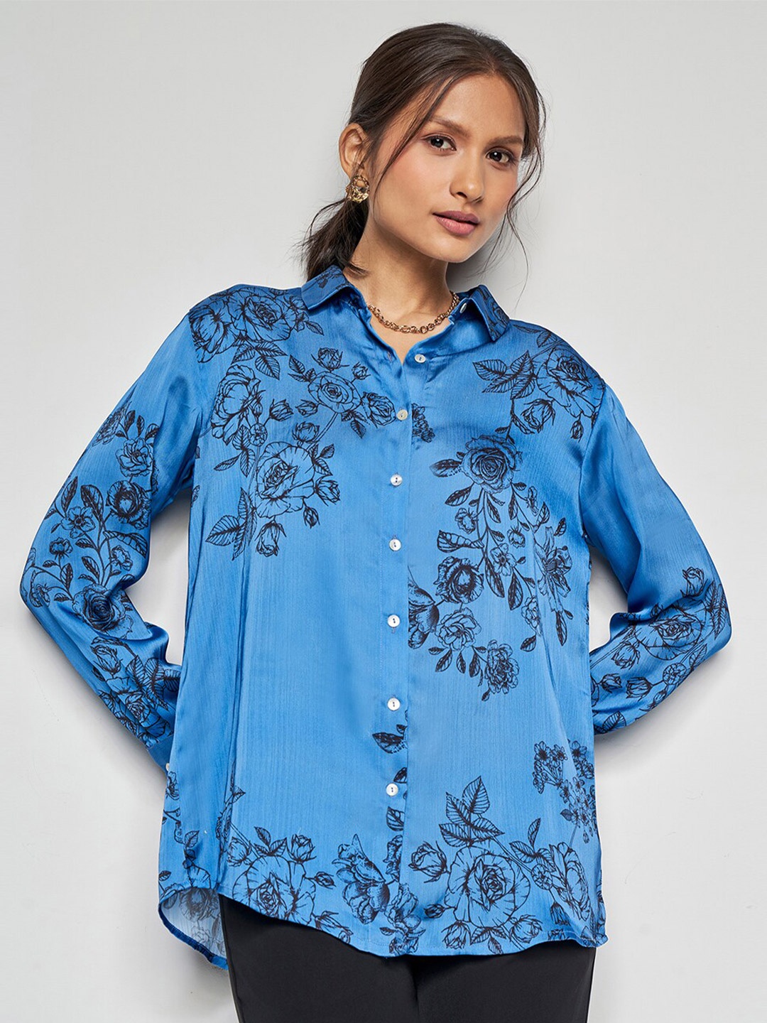 

AND Floral Print Shirt Style Top, Blue