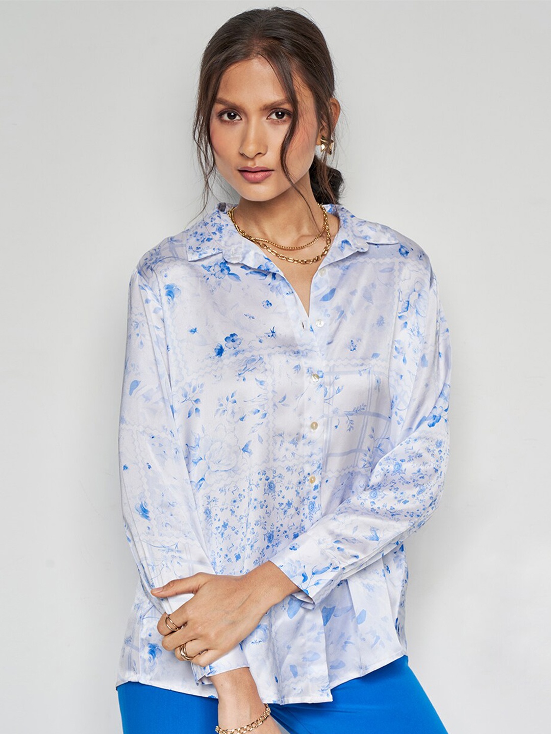 

AND Floral Print Flared Sleeve Top, Blue
