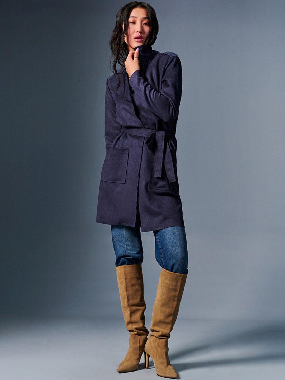 

AND Stand Collar Longline Tailored Jacket, Navy blue