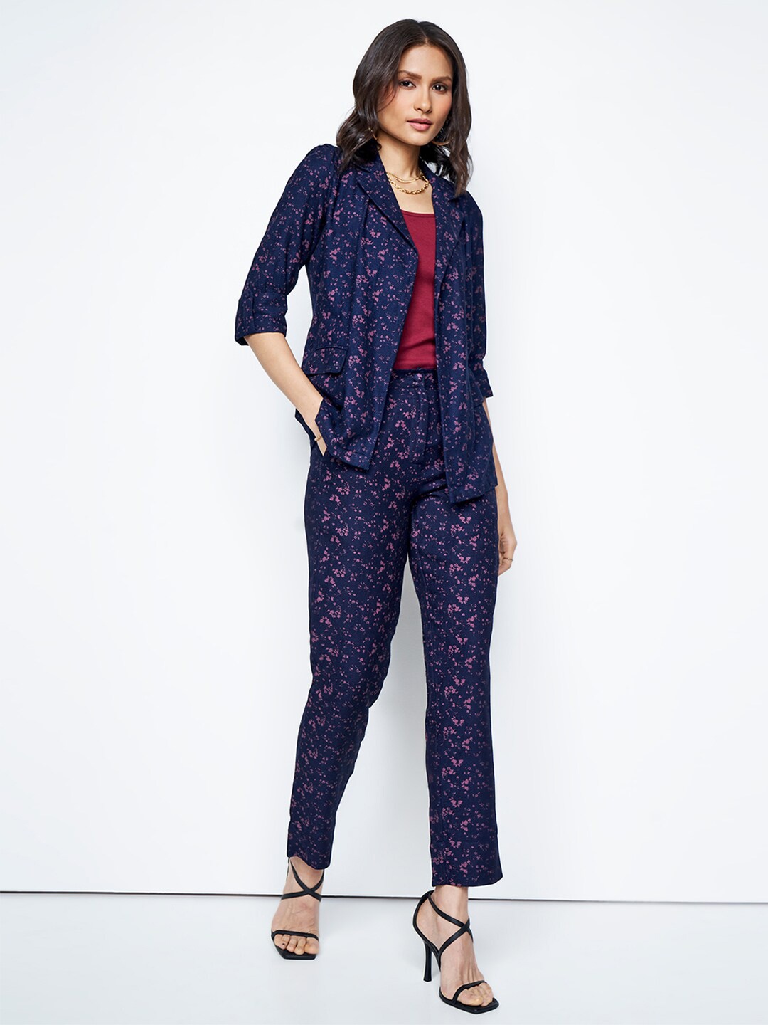 

AND Self Design Top Blazer With Trousers Co-Ords, Navy blue