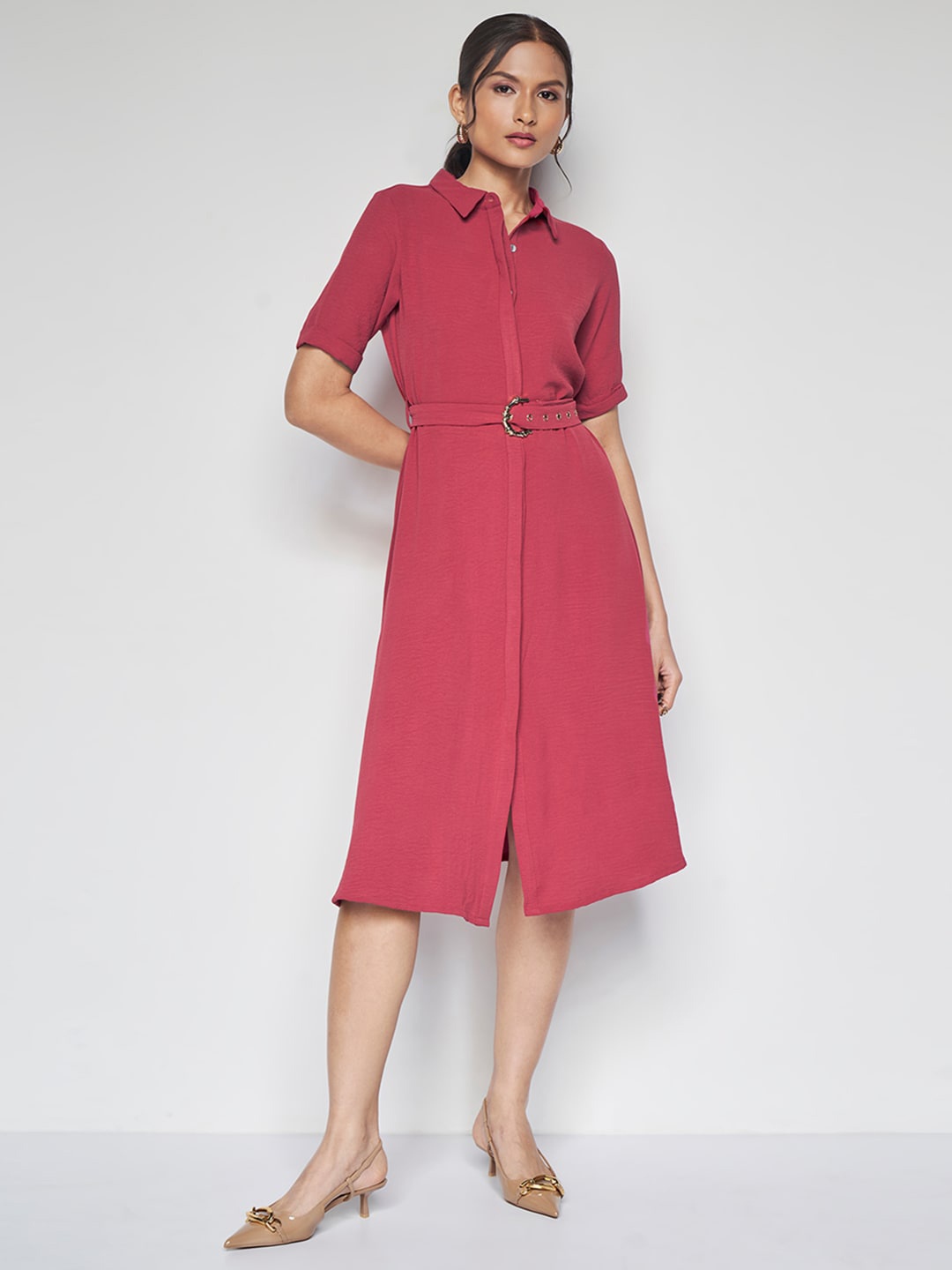 

AND Shirt Collar A-Line Dress, Peach
