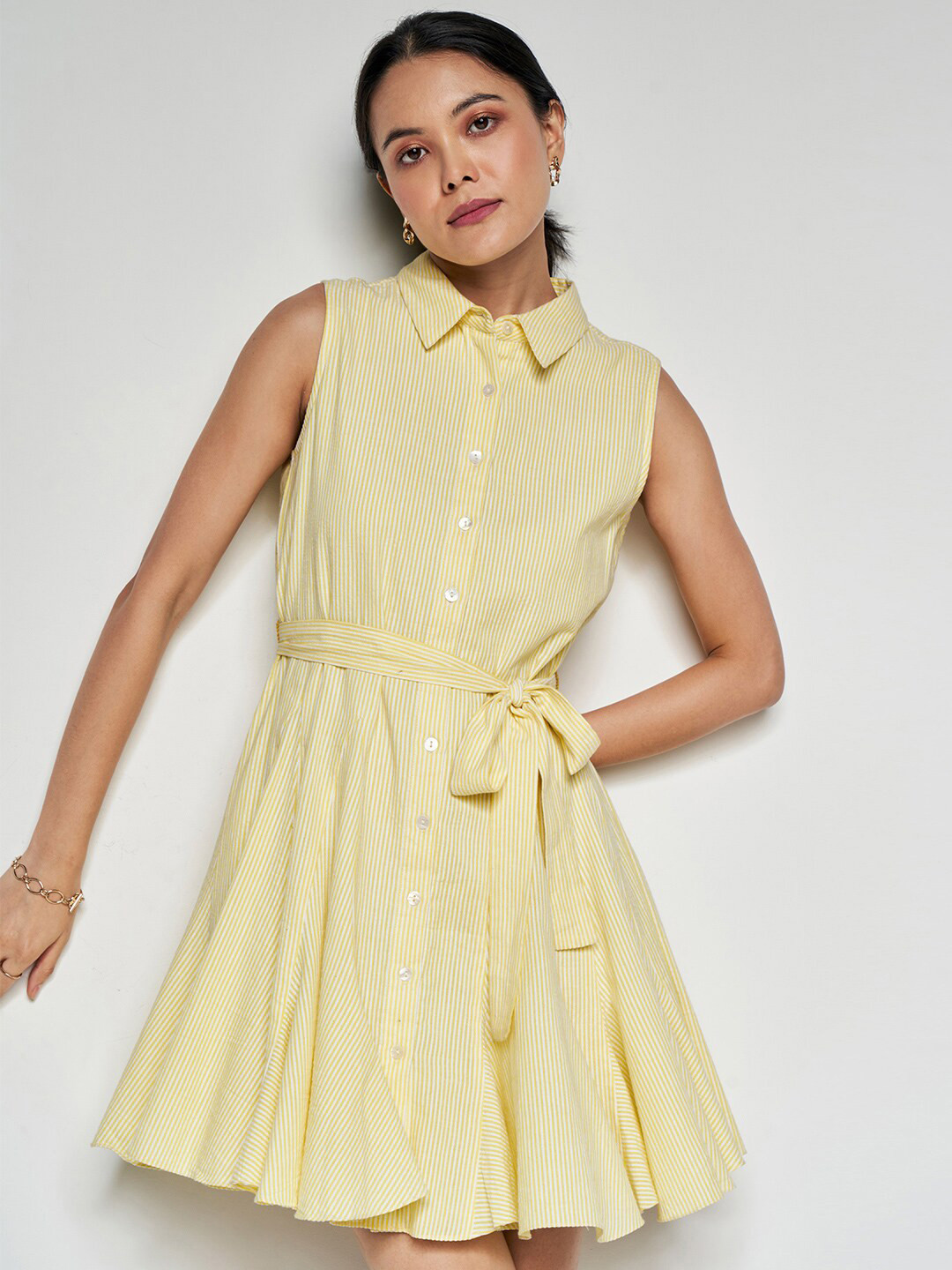 

AND Shirt Collar Mini Dress, Yellow
