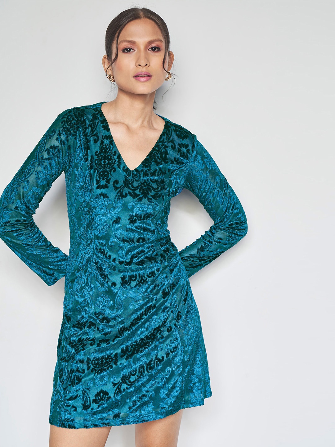 

AND V Neck Long Sleeves Embellished A-Line Dress, Teal