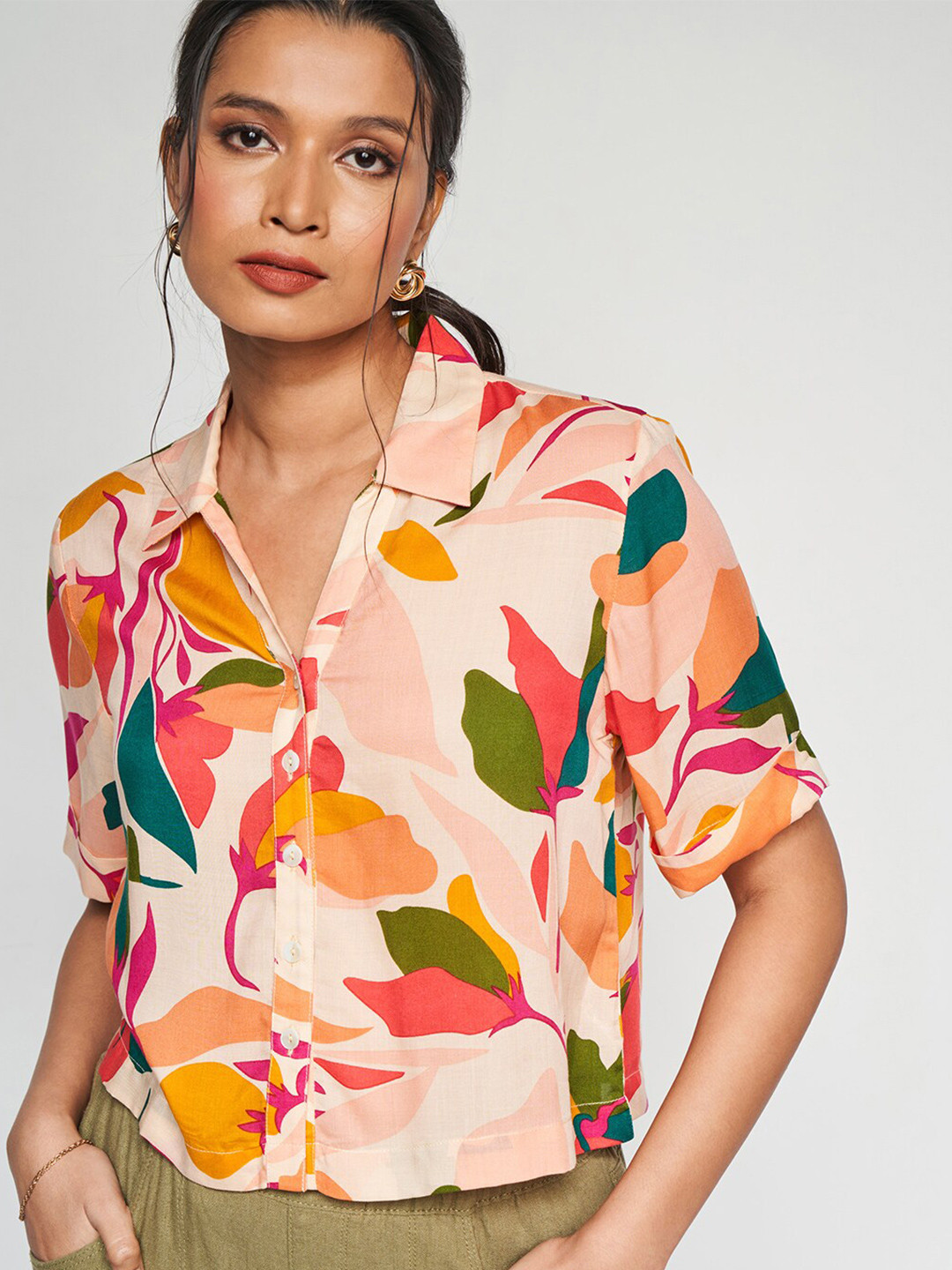 

AND Abstract Print Shirt Style Top, Cream