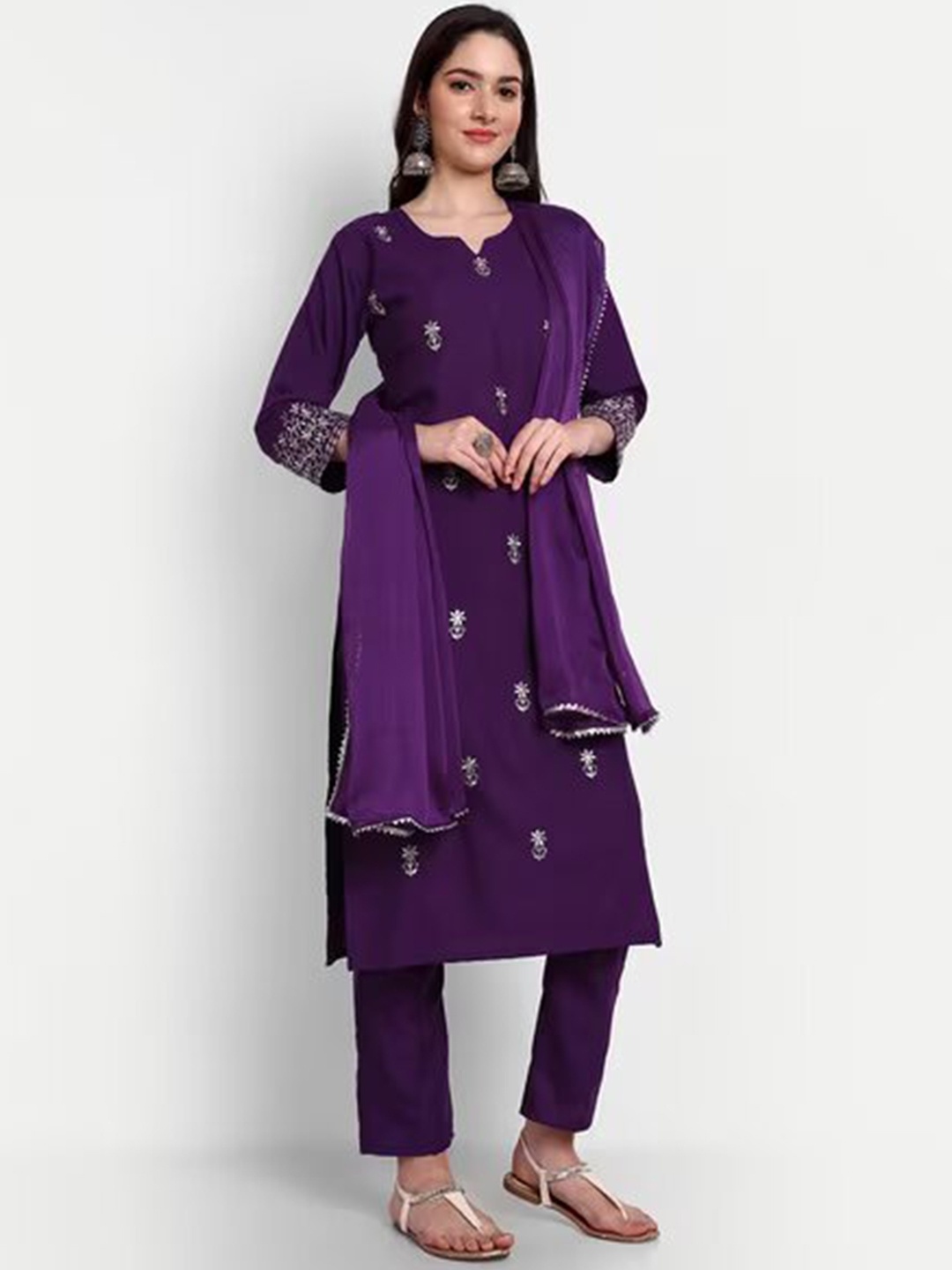 

Growdamy Floral Embroidered Regular Thread Work Kurta With Trousers & Dupatta, Purple