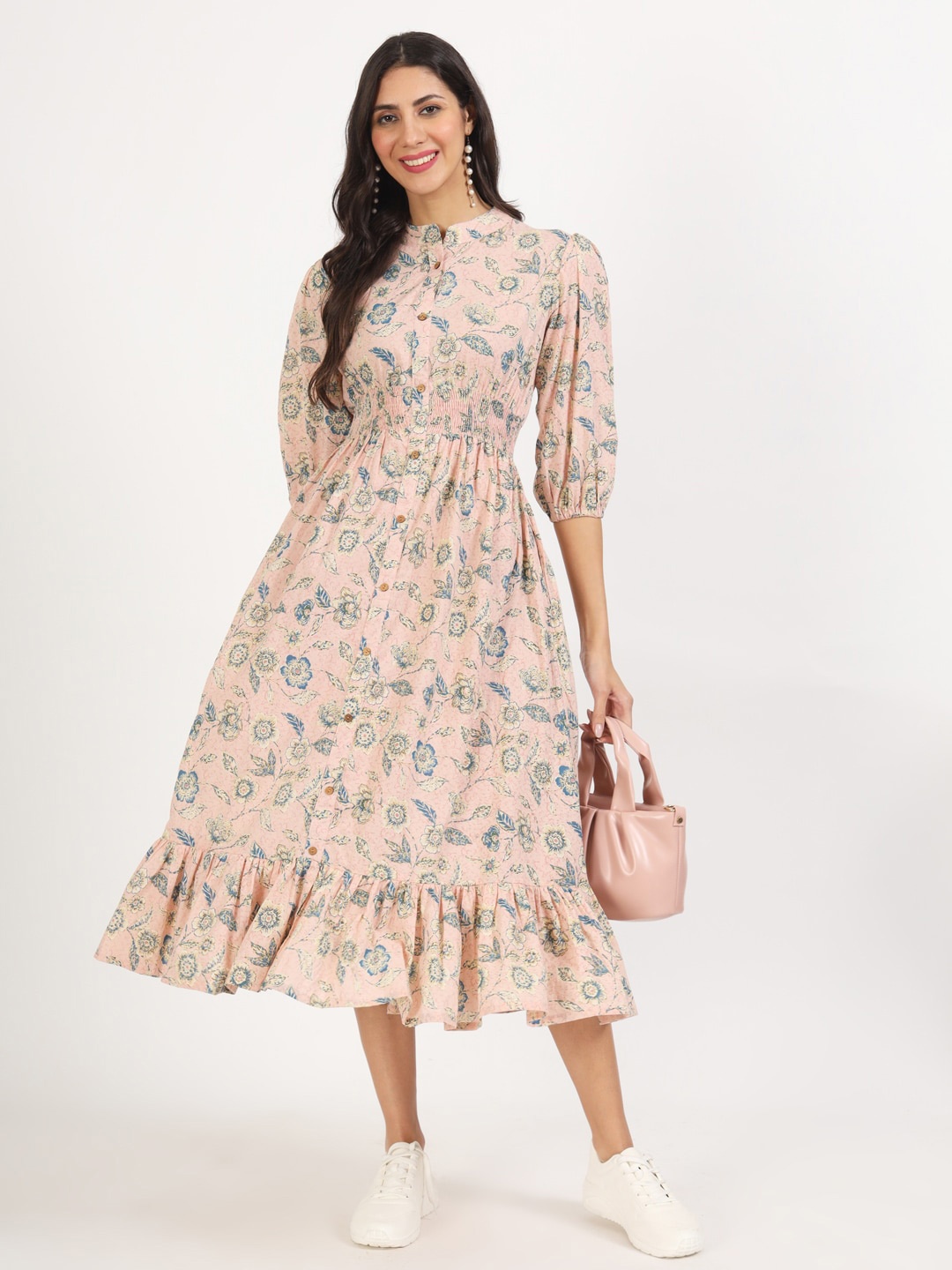 

Divena Floral Printed Puff Sleeve Cotton Fit & Flare Midi Dress, Blue
