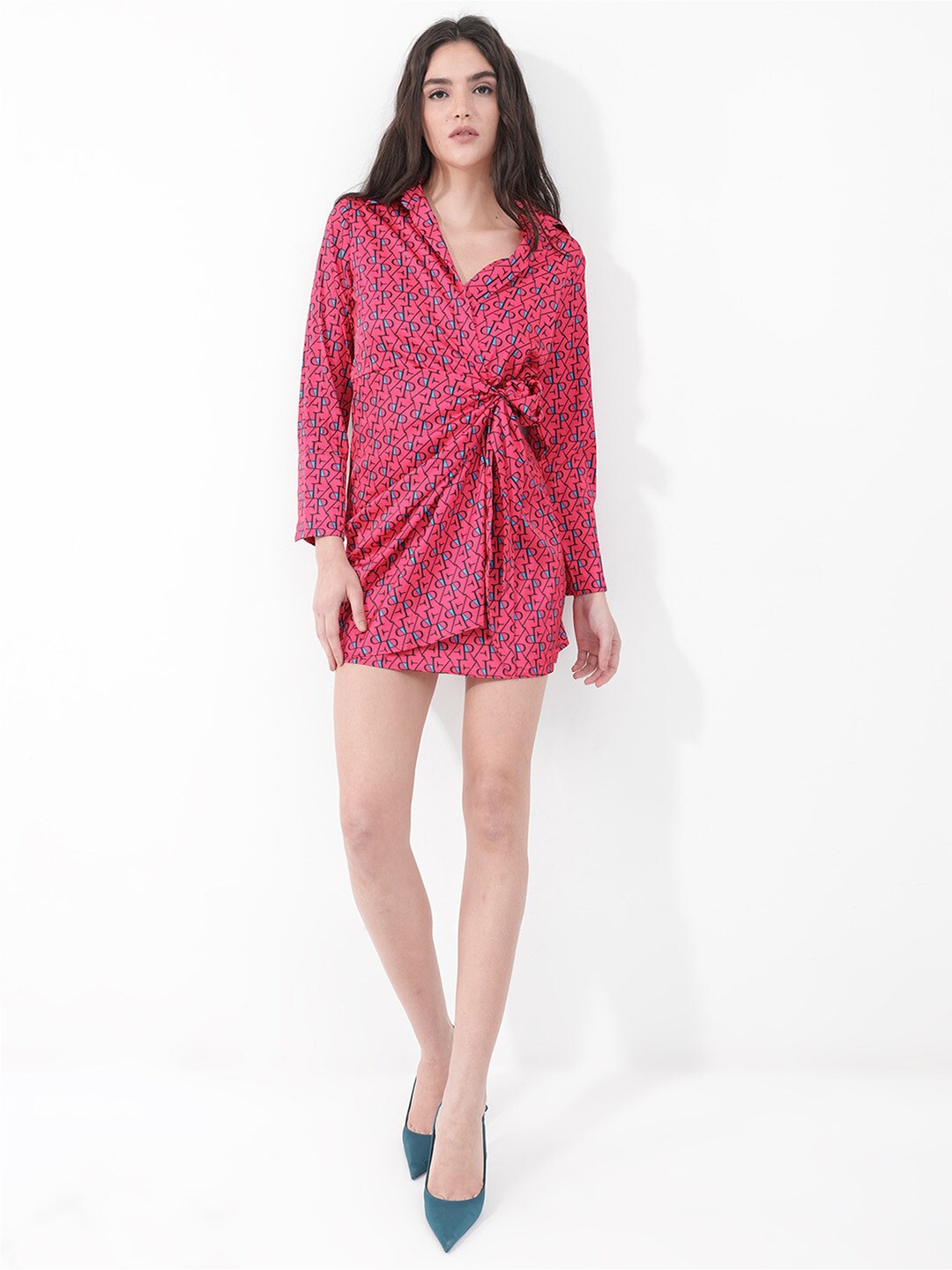 

RAREISM Typography Print V-Neck Long Sleeves A-Line Dress, Pink