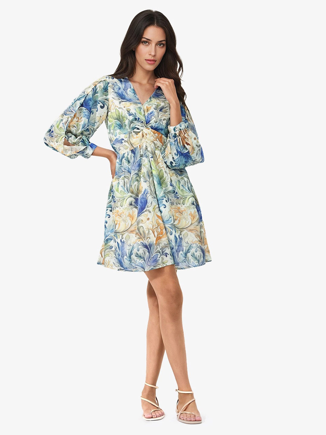

RAREISM Floral Printed Twisted Knot Fit & Flare Dress, Blue