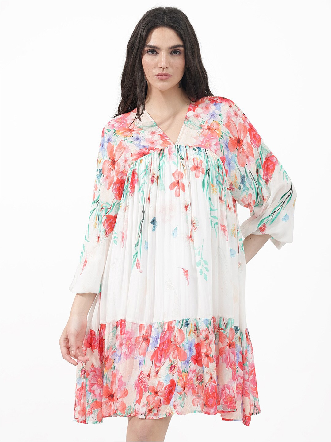 

RAREISM Floral Printed V-Neck A-Line Dress, White