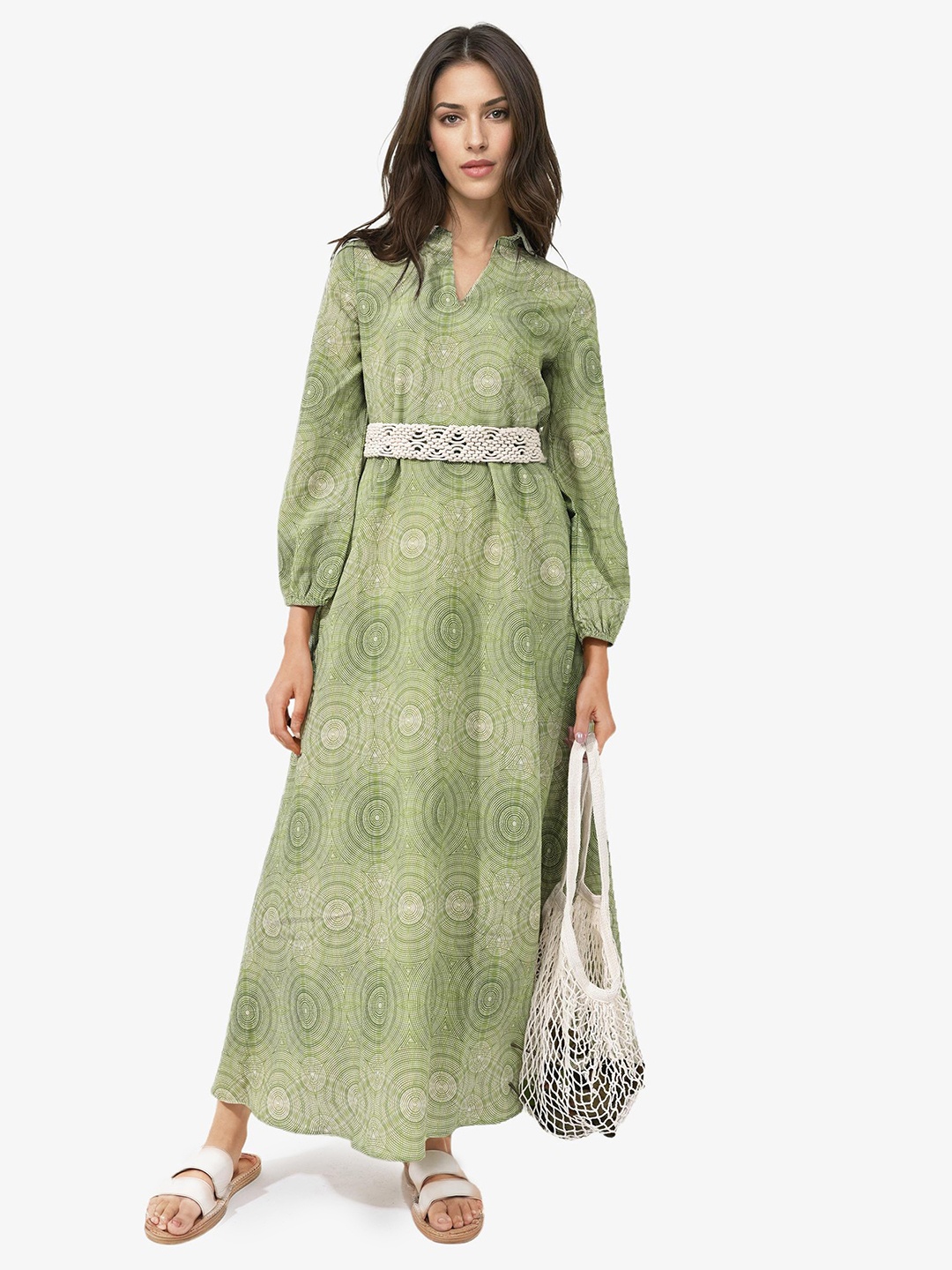 

RAREISM Geometric Printed Puff Sleeve Maxi Dress, Green