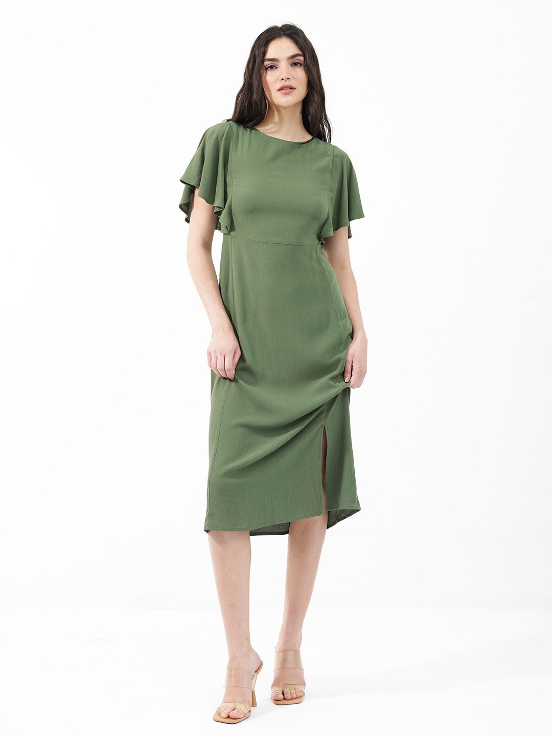 

RAREISM Flutter Sleeve A-Line Midi Dress, Green