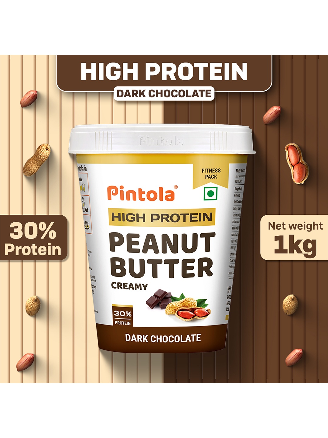 

Pintola HIGH Protein Dark Chocolate Peanut Butter Creamy- 1 KG, White