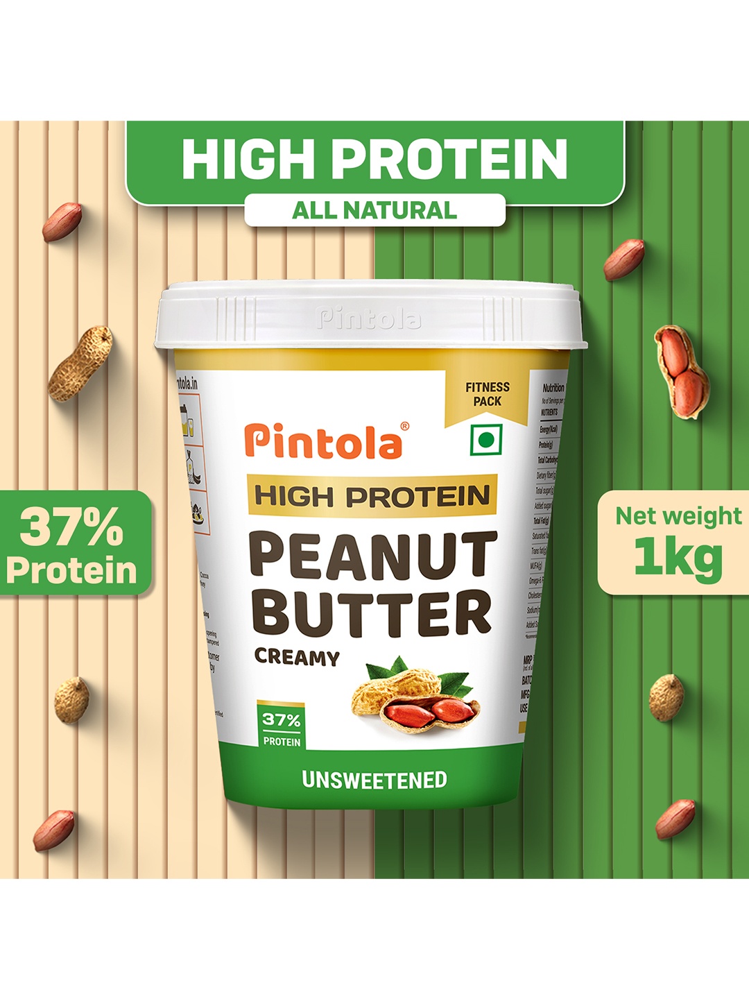 

Pintola High Protein All Natural Peanut Butter Creamy -1Kg, White