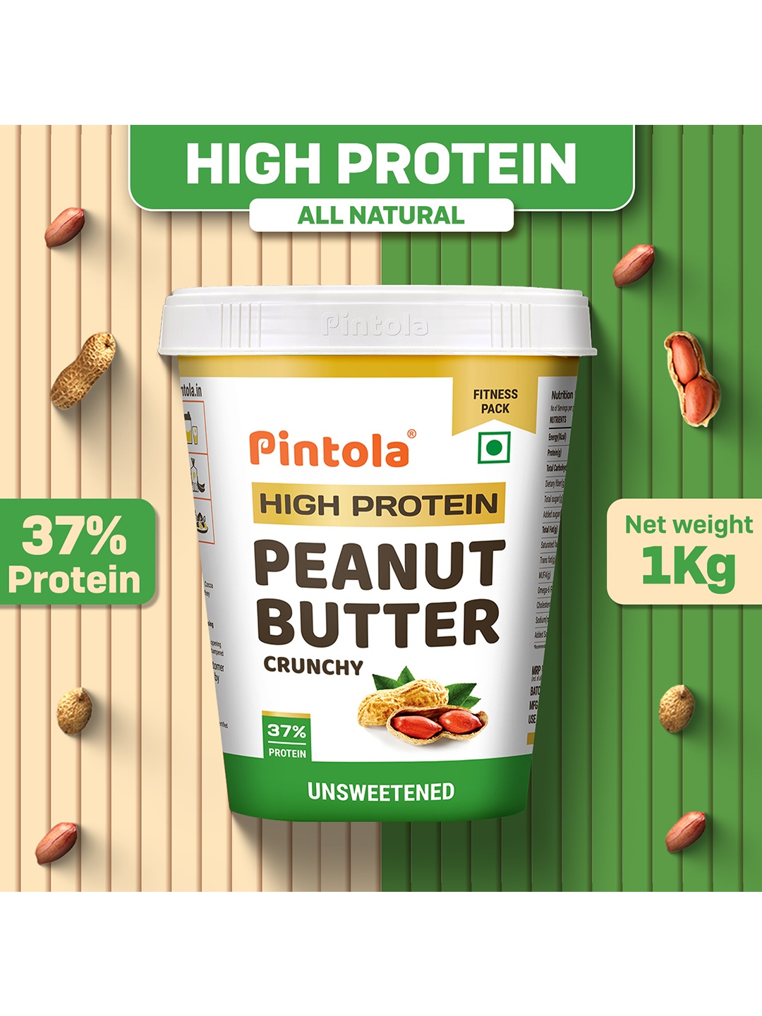 

Pintola High Protein All Natural Peanut Butter Crunchy- 1kg, White