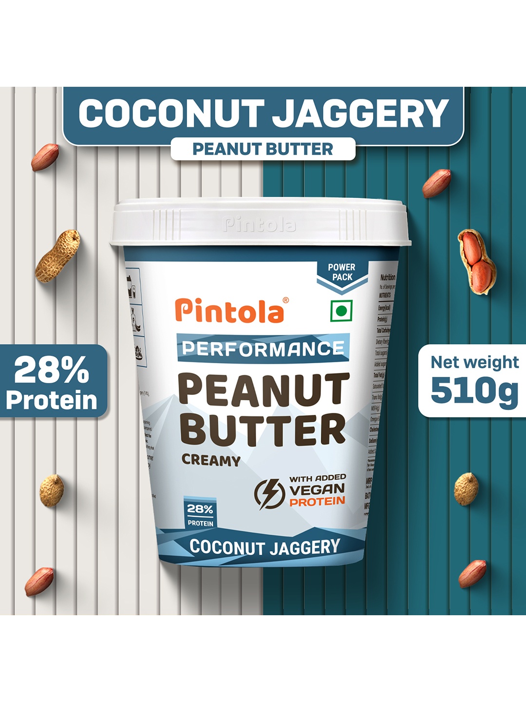 

Pintola Coconut Jaggery Performance Series Peanut Butter Creamy - 510g, White