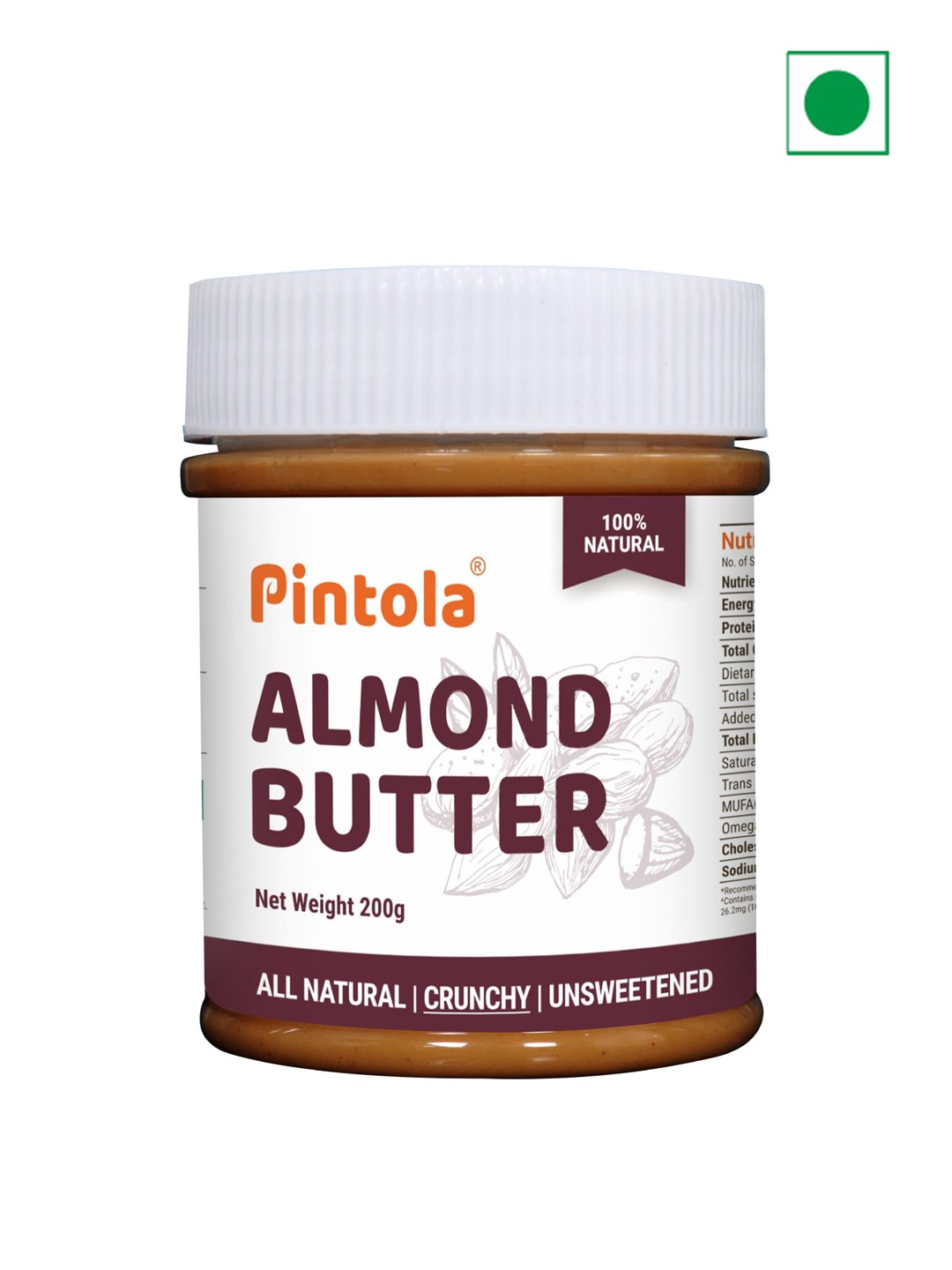 

Pintola All Natural Almond Butter Crunchy 200 Gm, White