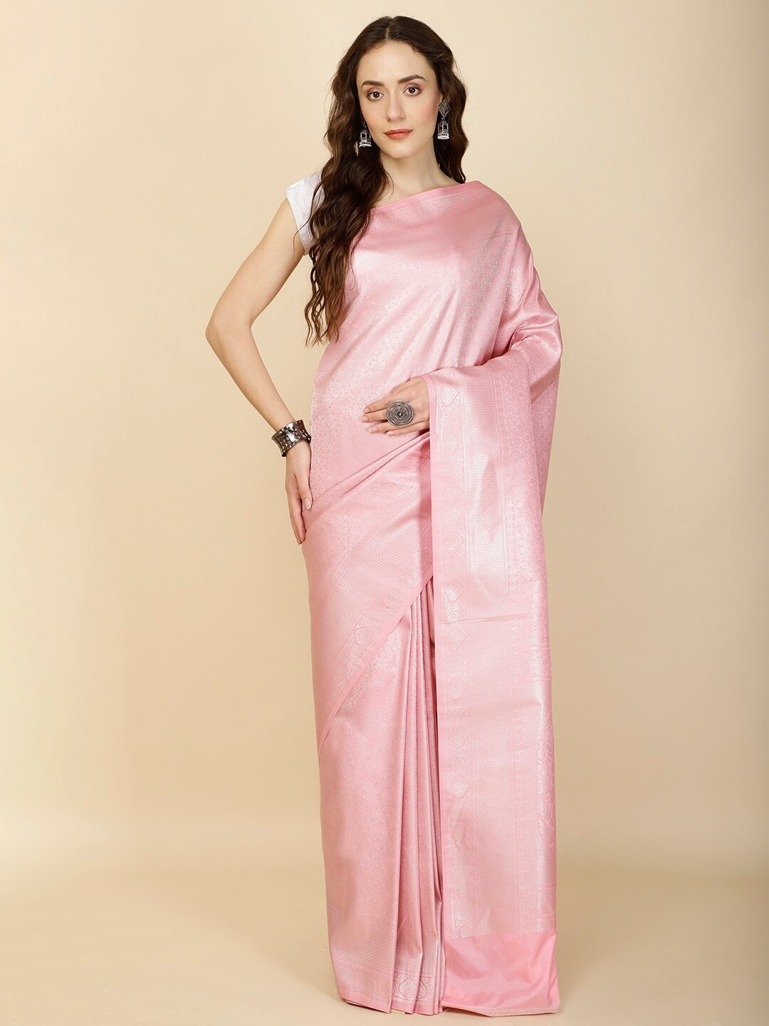 

Meena Bazaar Floral Woven Design Zari Art Silk Saree, Pink