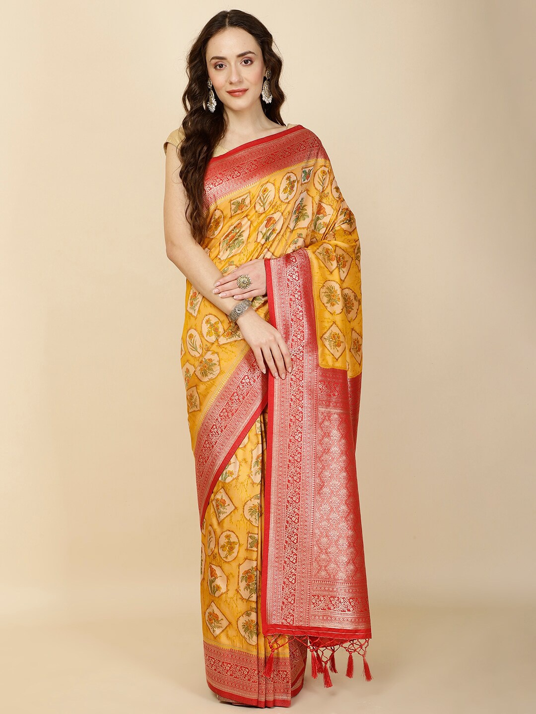 

Meena Bazaar Ethnic Motifs Woven Design Zari Saree, Mustard