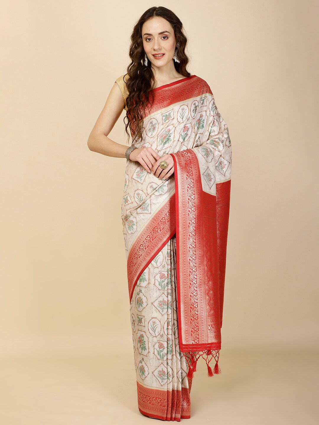 

Meena Bazaar Ethnic Motifs Woven Design Zari Saree, Beige